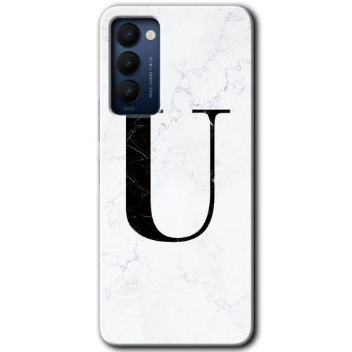 MRCİLETİSİM Tecno Camon 18 Kılıf HD Desen Baskılı Arka Kapak+Temperli Cam - Beyaz Mermer Desenli U Harfi