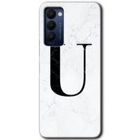 MRCİLETİSİM Tecno Camon 18 Kılıf HD Desen Baskılı Arka Kapak+Temperli Cam - Beyaz Mermer Desenli U Harfi