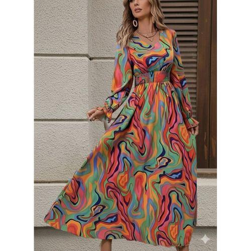 Kadın Uzun Kollu V Yakalı Desenli Maxi Süprem Elbise