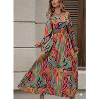 Kadın Uzun Kollu V Yakalı Desenli Maxi Süprem Elbise