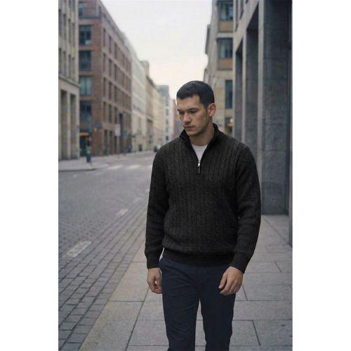 Bardem Saç Örgülü Yarım Fermuar Erkek Triko Kazak - Siyah