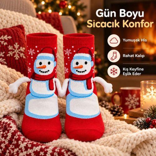 Kırmızı Kardan Adam 2'li Desenli Yılbaşı Çorabı | 3d Kollu El Ele Tutuşan Eğlenceli Soket Çorap Seti
