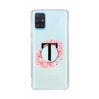 Samsung A51 Pembe Çiçek Desen T Harfli Şeffaf Kılıf