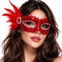 Kırmızı Taşlı Venedik Parti Maskesi – Tüylü Payetli