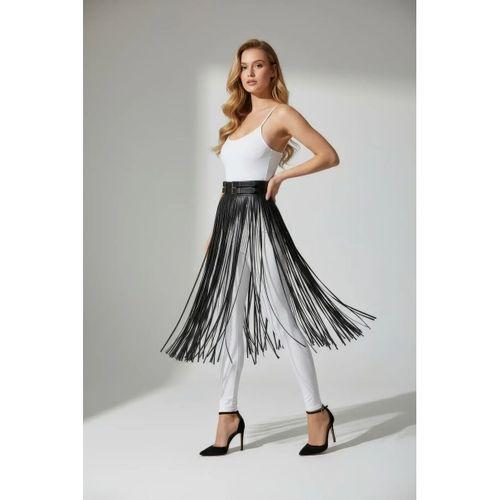 Siyah Etek Deri Uzun İnce Şerit Detaylı Etek - Brf1090