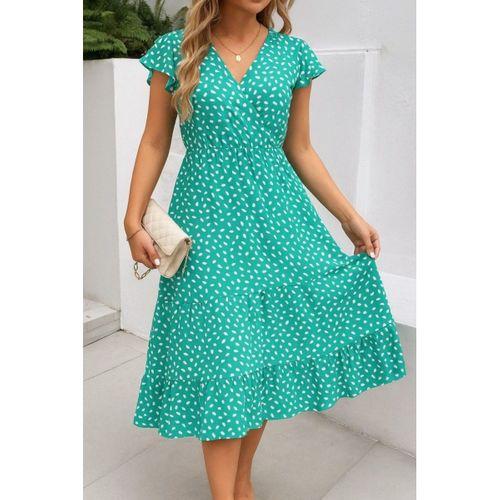 Kadın Kısa Kollu Kruvaze Yaka Beli Lastikli çiçek Desenli Elbise