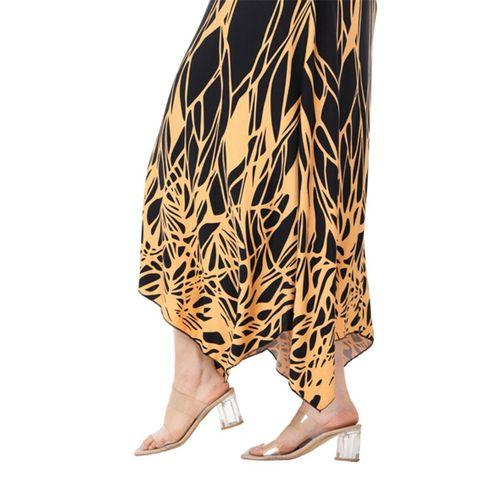 Melsay Butik Kısa Kollu Asimetrik Kesim Sarı Dalgalı Reflektör Desen Büyük Beden Elbise