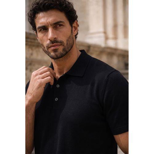 Newman Regular Fit Düğmeli Polo Yaka Viskon Triko Erkek T-Shirt - Siyah