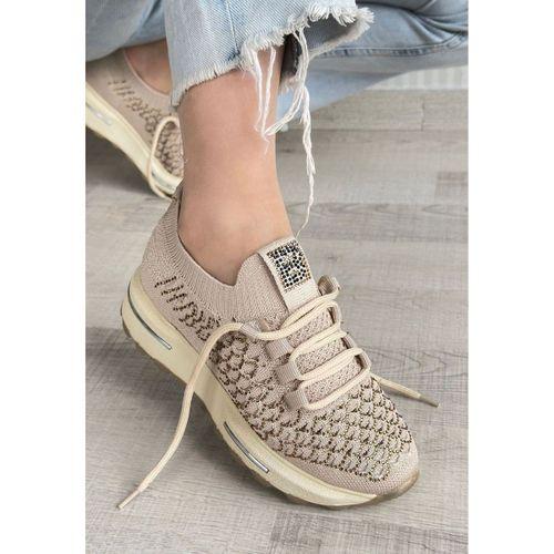 Cilla Bej Triko Boncuk İşlemeli Spor Ayakkabı