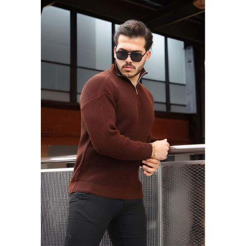 Oversize Selanik Örgü Yarım Fermuar Erkek Triko Kazak - Kahve
