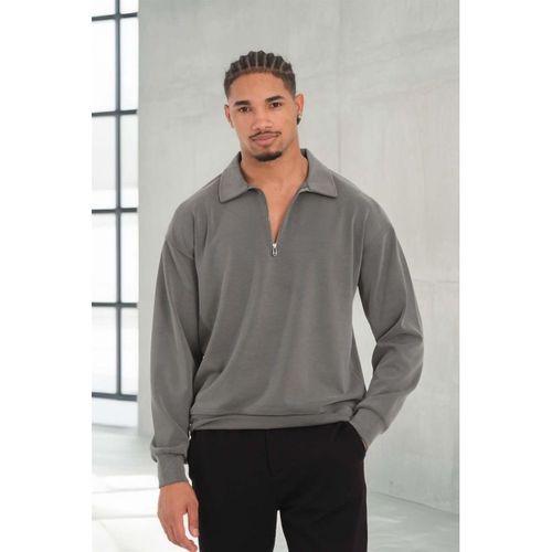 Scuba Modal Kumaş Relaxed Fit Yarım Fermuarlı Polo Yaka Erkek Sweatshirt - Füme