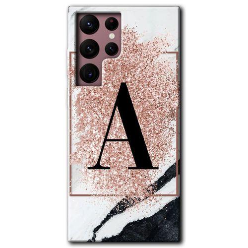 MRCİLETİSİM Samsung Galaxy S22 Ultra Kılıf HD Desen Baskılı Arka Kapak + Temperli Cam - Pembe Mermer Desenli A Harfi