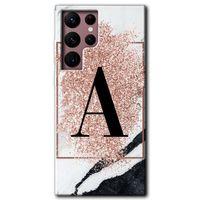 MRCİLETİSİM Samsung Galaxy S22 Ultra Kılıf HD Desen Baskılı Arka Kapak + Temperli Cam - Pembe Mermer Desenli A Harfi