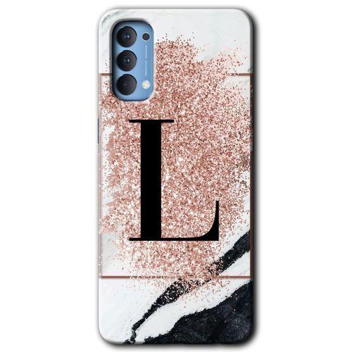 MRCİLETİSİM Oppo Reno 4 Kılıf Baskılı Kapak - Pembe Mermer Desenli L Harfi + 5D Tam Kaplayan Cam