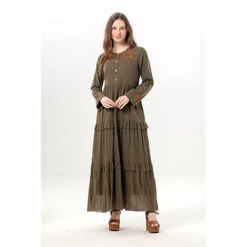 Uzun Kol Zeynep Bisiklet Yaka Nakışlı Uzun Vual Elbise Haki Hk