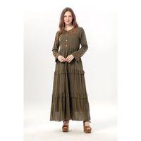 Uzun Kol Zeynep Bisiklet Yaka Nakışlı Uzun Vual Elbise Haki Hk