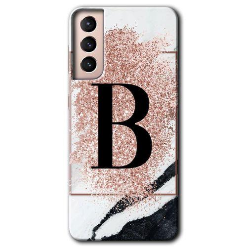 MRCİLETİSİM Samsung Galaxy S21 Kılıf HD Desen Baskılı Arka Kapak + Temperli Cam - Pembe Mermer Desenli B Harfi
