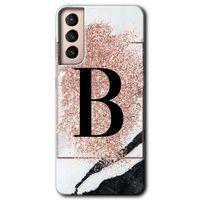 MRCİLETİSİM Samsung Galaxy S21 Kılıf HD Desen Baskılı Arka Kapak + Temperli Cam - Pembe Mermer Desenli B Harfi