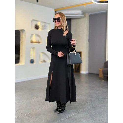 Kadın Balıkçı Yaka Damla Detaylı Yırtmaçlı Uzun Viskon Iki Iplik Maxi Elbise