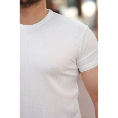 Erkek Ince çizgi Dokulu Bisiklet Yaka Kısa Kollu T-shirt