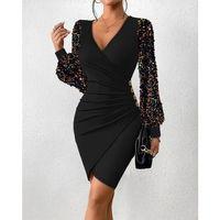 Kadın Uzun Kollu Pul Payetli Kruvaze Yaka Yandan Düğmeli Kısa Ithal Krep Elbise