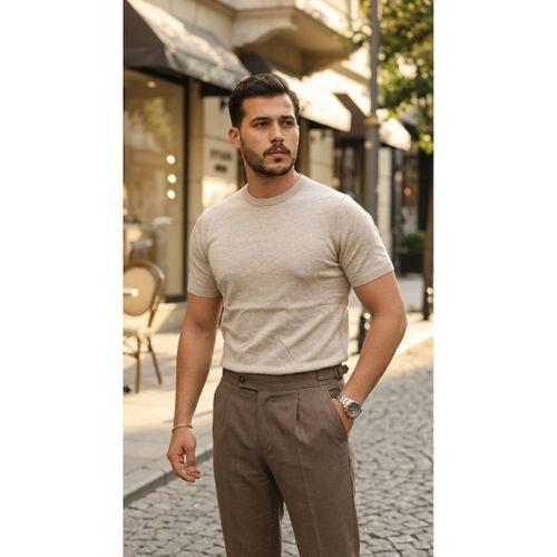 Erkek Basic Bisiklet Yaka Kısa Kollu Triko Tişört - %100 Pamuk Akrilik