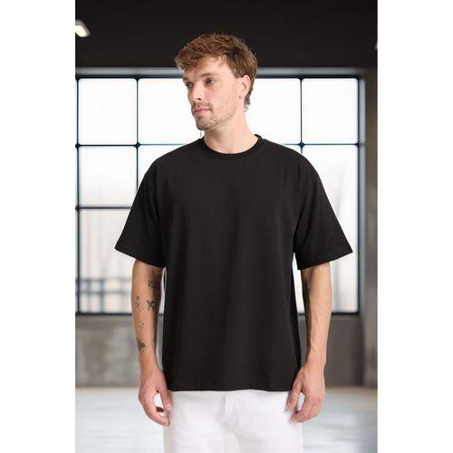 İki İplik Kumaş Pamuklu Bisiklet Yaka Basic Oversize Erkek T-Shirt - Siyah