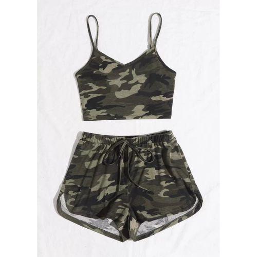 Kadın Kamuflaj Desenli Askılı Crop Top Ve Şortlu Gecelik Takım