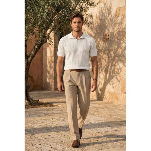 Nestor Saç Örgü Desenli Polo Yaka Regular Fit Örme İnce Triko Erkek T-Shirt - Ekru