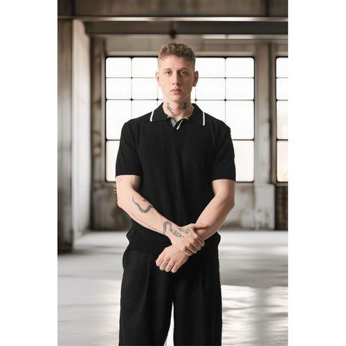 Yakası Şeritli Viskon Polo Yaka Triko Erkek T-Shirt - Siyah