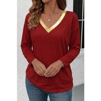 Kadın Uzun Kollu V Parlak Yaka Detaylı Viskon Bluz