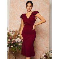 Kadın Kısa Kelebek Kollu Kruvaze Yaka Ithal Krep Midi Elbise