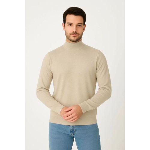 Erkek Yarım Boğaz Triko Kazak Yumuşak Dokulu Pamuklu Ince Dokuma, Uzun Kollu Rahat Regular Kalıp - Bej