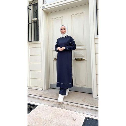 Bisiklet Yaka Dikiş Detaylı Uzun Sweat Pantolon İkili Tesettür Eşofman Takımı - 71174.015 - Lacivert