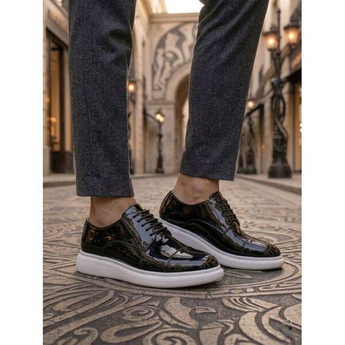 BA0003 Siyah Kapaklı Burun Bağcıklı Rugan Beyaz Taban Erkek Oxford Ayakkabı