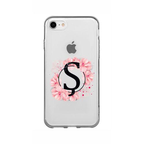 iPhone SE (2020) Pembe Çiçek Desen Ş Harfli Şeffaf Kılıf