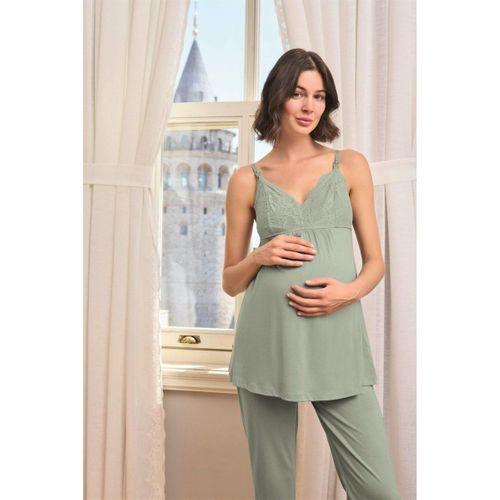 Çiçek Ve Yaprak Desenli Dantelli Hamile Lohusa 3'lü Pijama Takımı