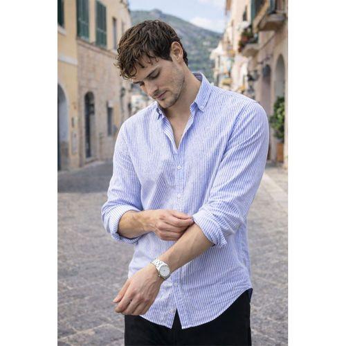 Dik Şerit Çizgili Flamlı Pamuk Gömlek - Mavi