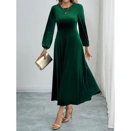 Kadın Uzun Kollu Bisiklet Yaka Midi Kadife Elbise