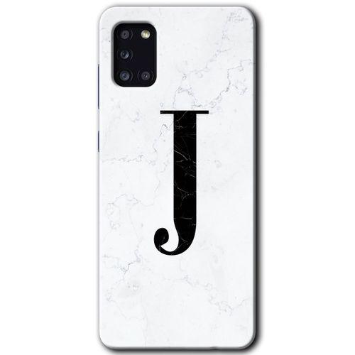 MRCİLETİSİM Samsung Galaxy A31 Kılıf Baskılı Kapak - Beyaz Mermer Desenli J Harfi + 5D Tam Kaplayan Cam