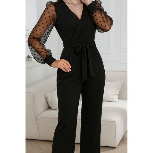 Kadın Uzun Kollu Kolları Tül Detaylı Kruvaze Yakalı Beli Kuşaklı Ithal Krep Tulum