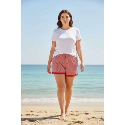 Çizgili Penye Kadın Ev Şortu Bacak Dantel Detaylı Ev Giyim Kırmızı