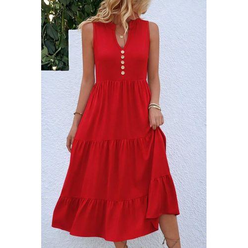 Kadın Askılı V Yakalı önden Düğmeli Midi Viskon Elbise