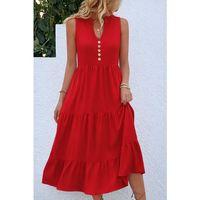 Kadın Askılı V Yakalı önden Düğmeli Midi Viskon Elbise