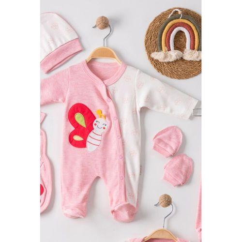Kelebek Nakışlı Tulumlu % 100 Pamuk Kız Bebek 5'li Set