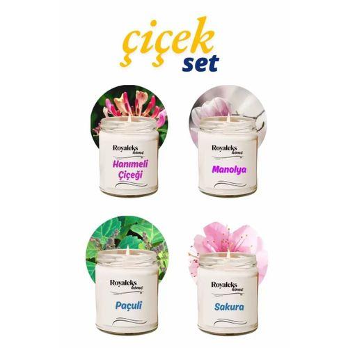 4 Adet Doğal Özel Seri Kokulu Dekoratif Kavanoz Mum 4X210 cc - Çiçek Seti - RYL