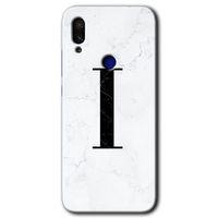 Redmi Note 7 Kılıf HD Desen Baskılı Arka Kapak - Beyaz Mermer Desenli I Harfi + Kırılmaz Cam