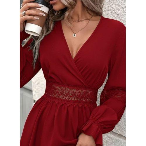 Kadın Uzun Kollu Kruvaze Yakalı Dantelli Fermuar Detaylı Mini Ithal Krep Elbise