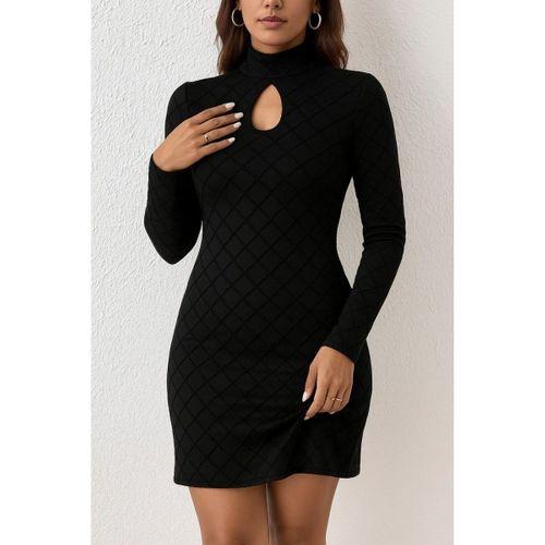 Kadın Uzun Kollu Damla Detay Flok Baskı Dalgıç Mini Elbise