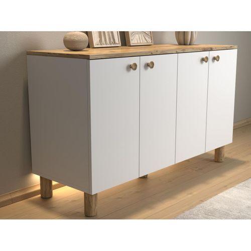 Nora Bohem Ledli Kahve Köşesi Dolabı Konsol Çok Amaçlı Dolap Mutfak Dolabı 120 Cm 4 Kapaklı  Atlantik Çam / Beyaz